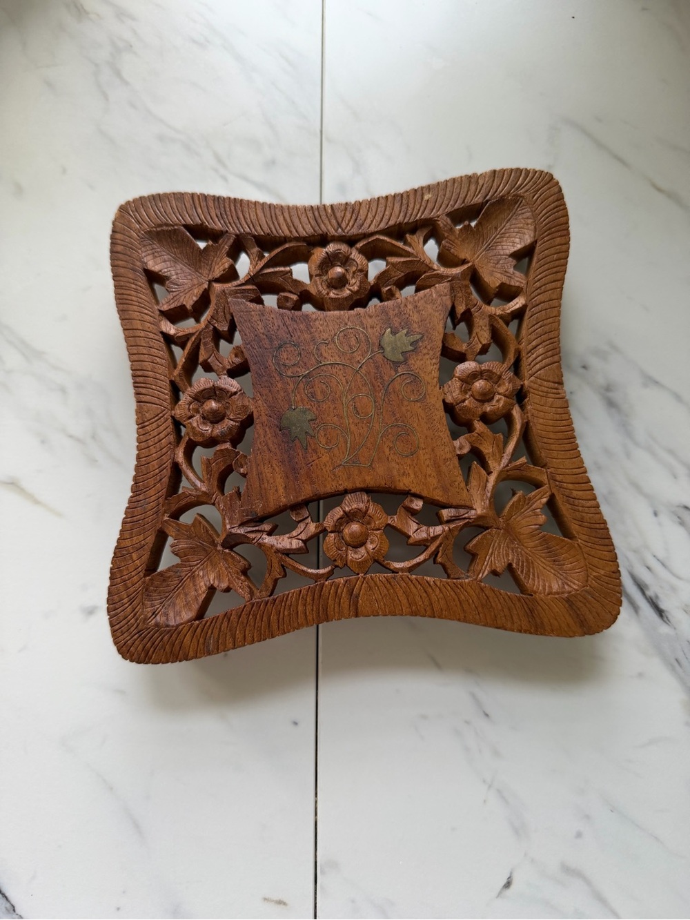 Carved Wooden Floral Trivet